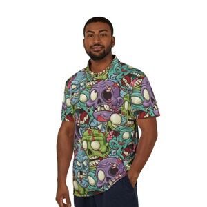 GarmentOne Clothing Mens 2XL All Over Print Zombie Skull Graphic Polo Shirt